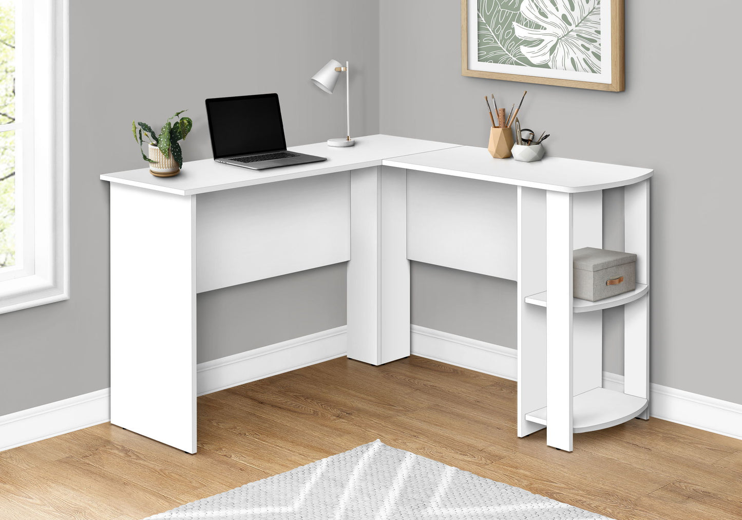 Computer Desk, Home Office, Corner, Storage Shelves, L Shape, Laptop, Contemporary & Modern - White