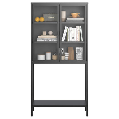 Heavy Duty Metal Storage Cabinet, Sideboards & Buffet, Display Storage Cabinet With Glass Doors And 2 Adjustable Shelves, Tall Bookcase Modern Bookshelf Cabinet For Home Office, Living Room - Black