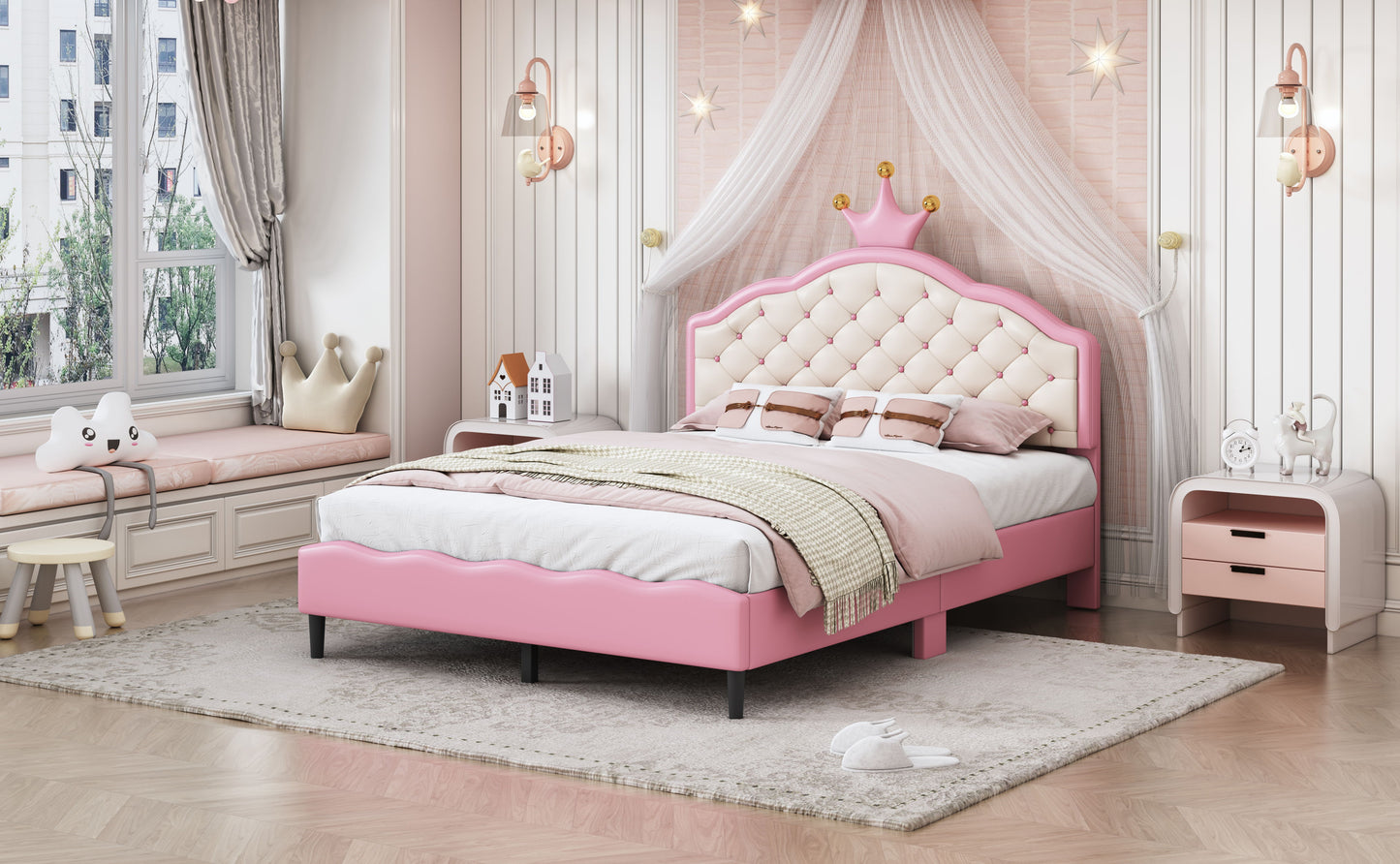 Full Size Lovely Crown Fantasy Leather Princess Bed With Tufted Headboard - Pink / Cream