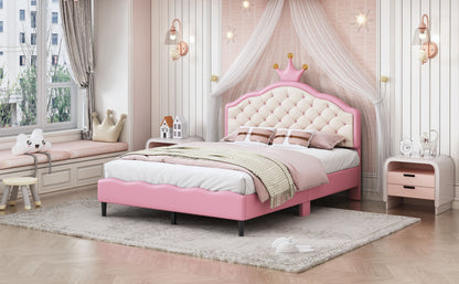 Full Size Lovely Crown Fantasy Leather Princess Bed With Tufted Headboard - Pink / Cream