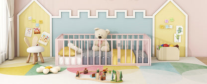 Twin Size Floor Bed Frame With Fence And Door - Pink