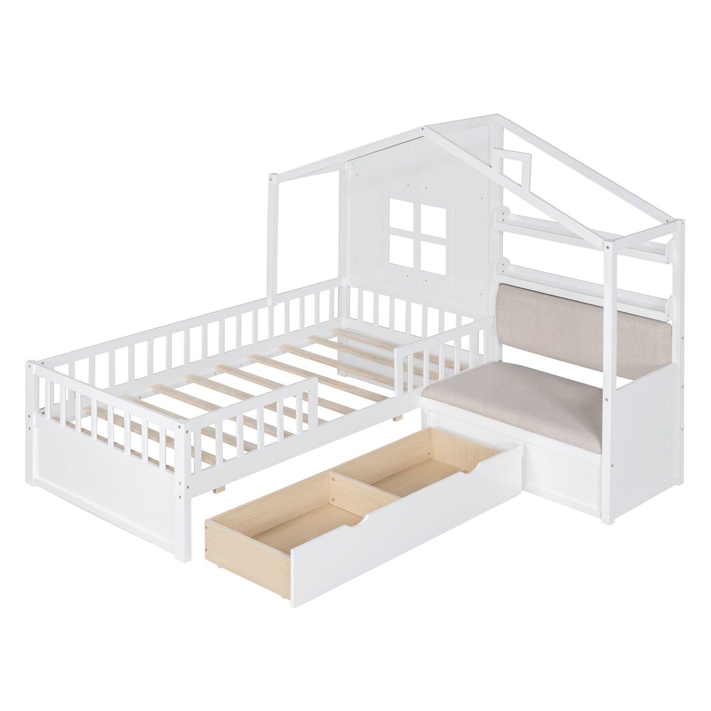 Twin Size House Bed With Sofa, Kids Platform Bed With 2 Drawers And Storage Shelf - White