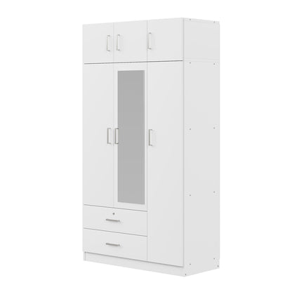 Modern 3 Door Mirror Wardrobe With 2 Drawers And Top Cabinet - White