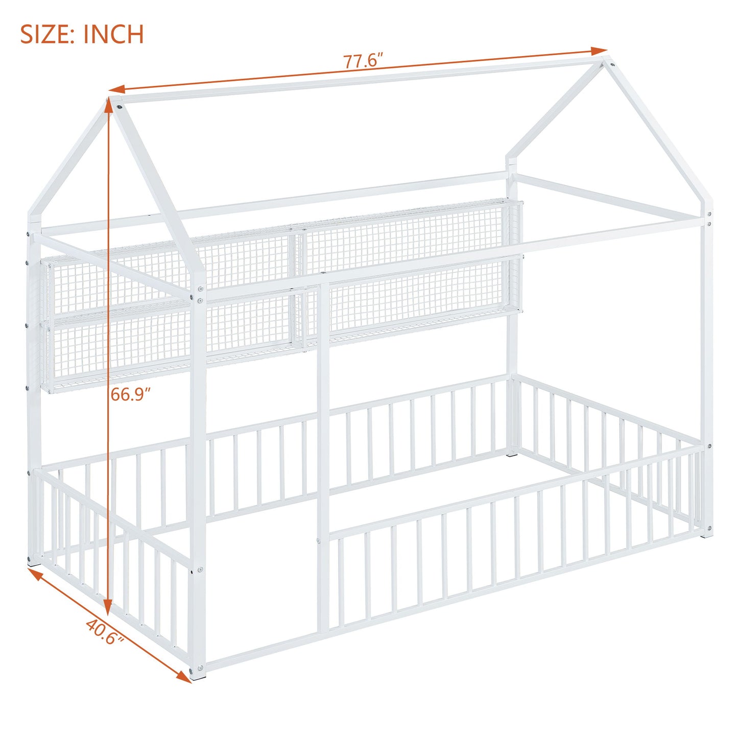 Twin Size Bed House Frame With Fence And Shelves - White