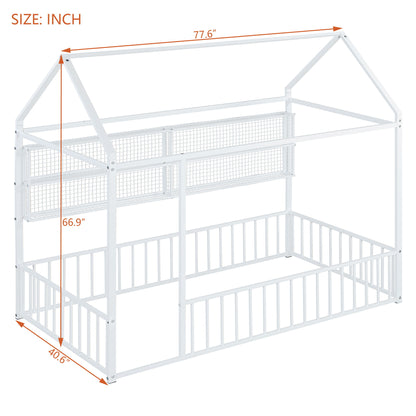 Twin Size Bed House Frame With Fence And Shelves - White
