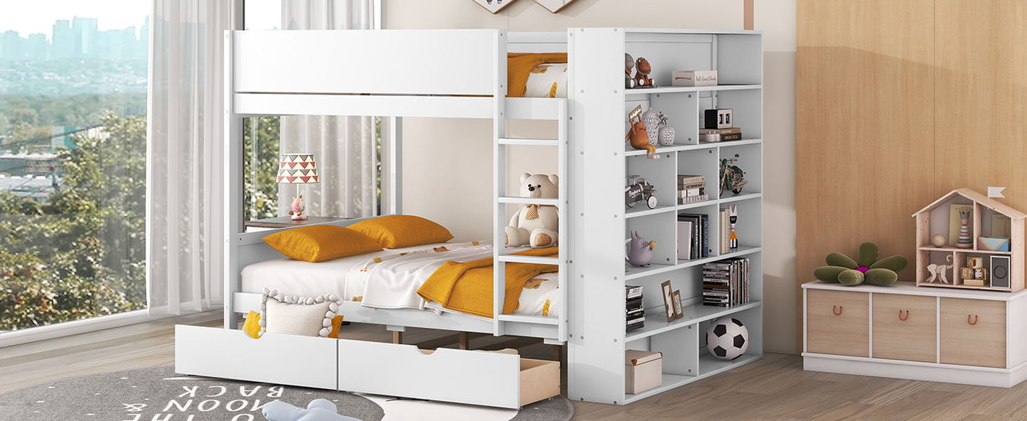 Full Over Full Bunk Bed With 2 Drawers And Multi-Layer Cabinet - White