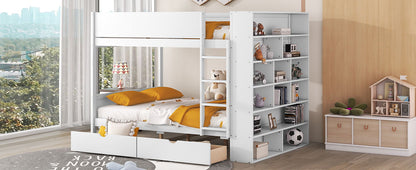 Full Over Full Bunk Bed With 2 Drawers And Multi-Layer Cabinet - White