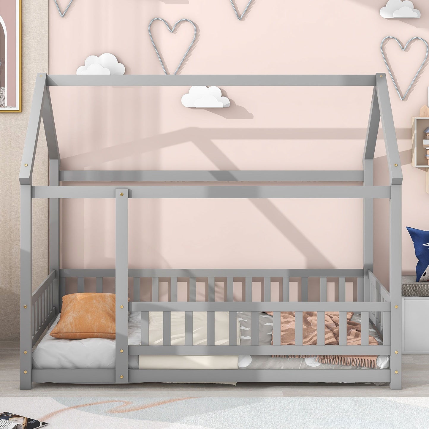 Twin Size Floor Wooden Bed With House Roof Frame, Fence Guardrails - Gray