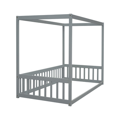 Twin Size Canopy Frame Floor Bed With Fence, Guardrails - Gray