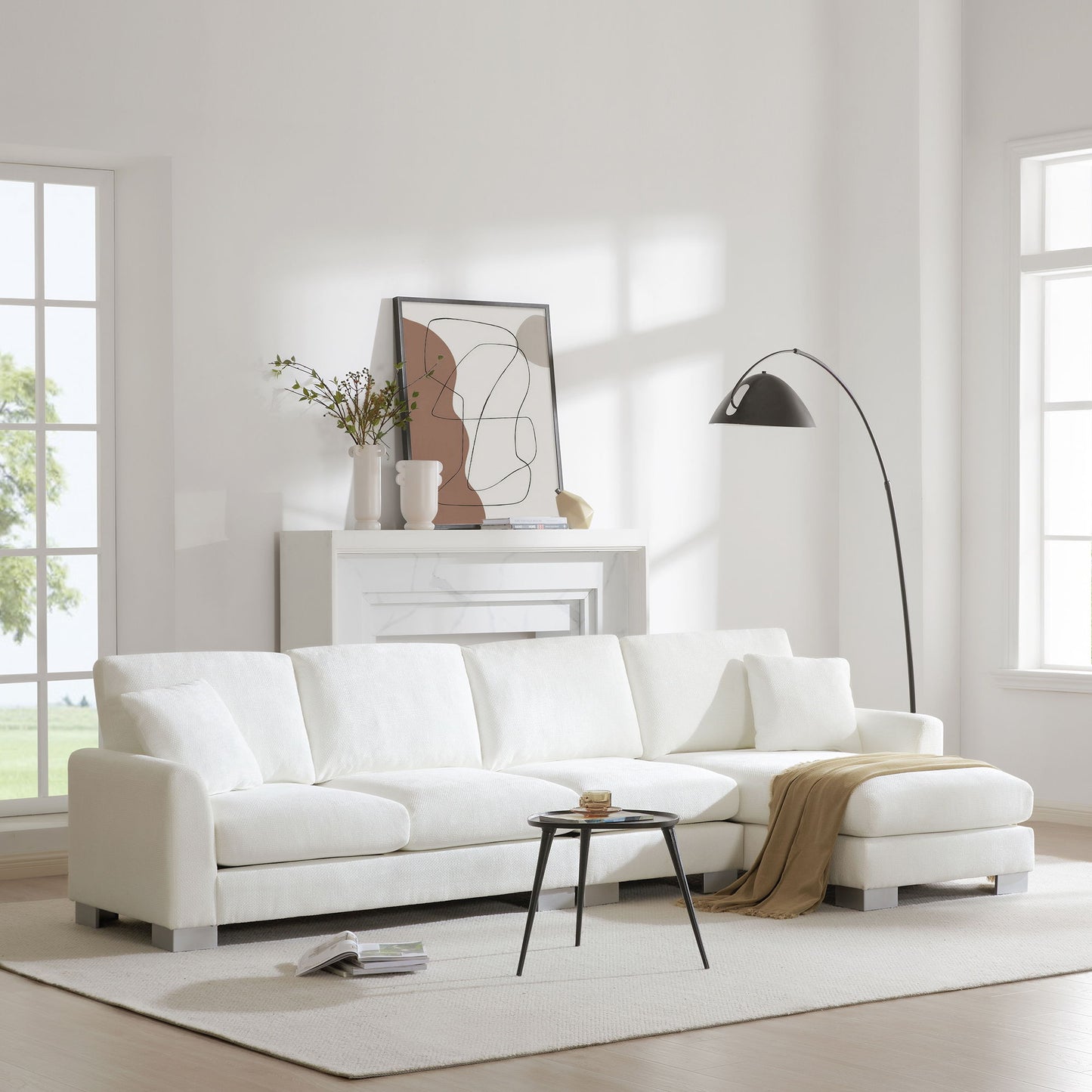Modern Oversized Sectional Sofa, L-Shaped Luxury Couch Set With 2 Free Pillows, 5 Seat Chenille Indoor Furniture With Chaise - White