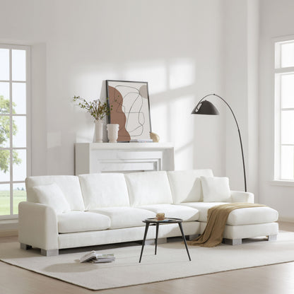 Modern Oversized Sectional Sofa, L-Shaped Luxury Couch Set With 2 Free Pillows, 5 Seat Chenille Indoor Furniture With Chaise - White