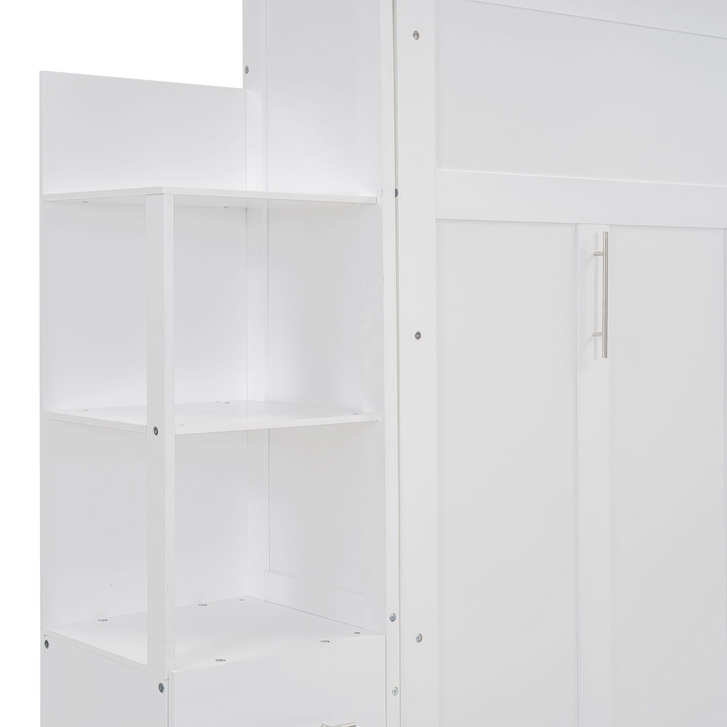 Full Size Murphy Wall Bed With Shelves, Drawers And LED Lights - White