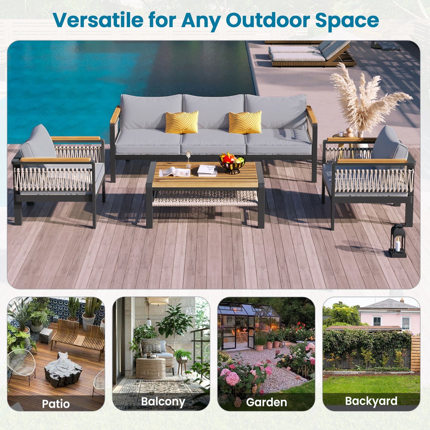 4 Pieces Outdoor Sectional Sofa Set 5 Person Patio Seating Group Outdoor Conversation Set With Cushions And A Coffee Table For Patios, Gardens, Or Balcony - Gray