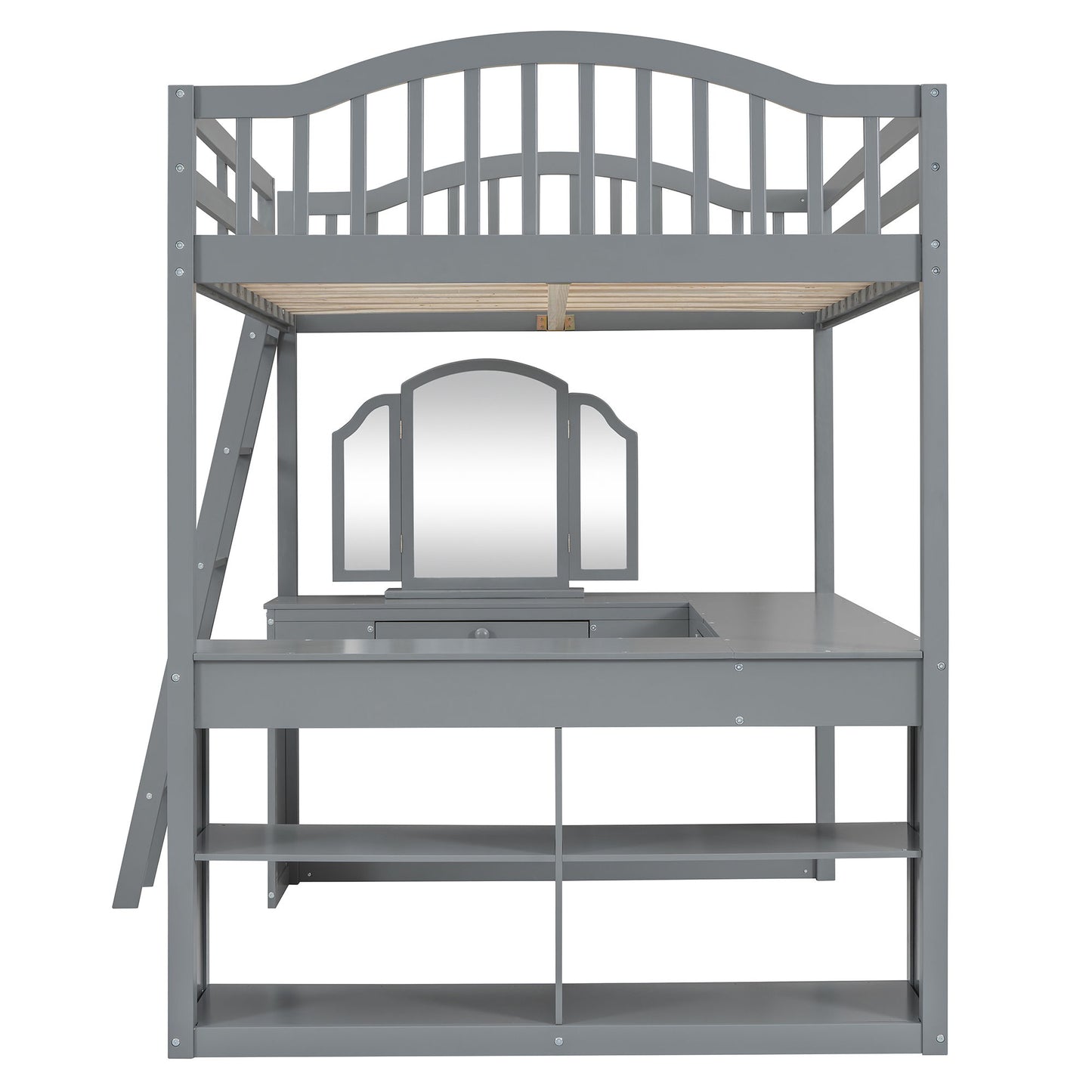 Full Loft Bed With U Shaped Desk, Storage Compartments And Tri Fold Mirror - Gray