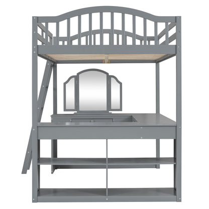 Full Loft Bed With U Shaped Desk, Storage Compartments And Tri Fold Mirror - Gray