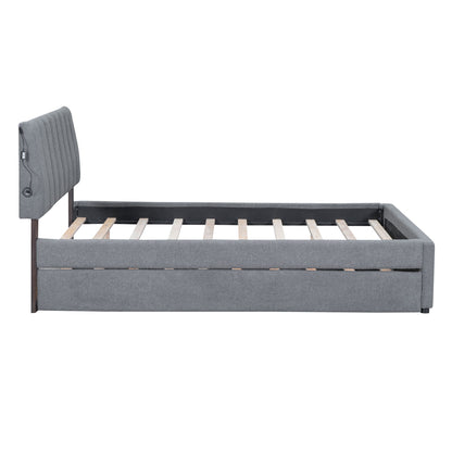 Full Size Upholstered Platform Bed With Twin Size Trundle - Gray