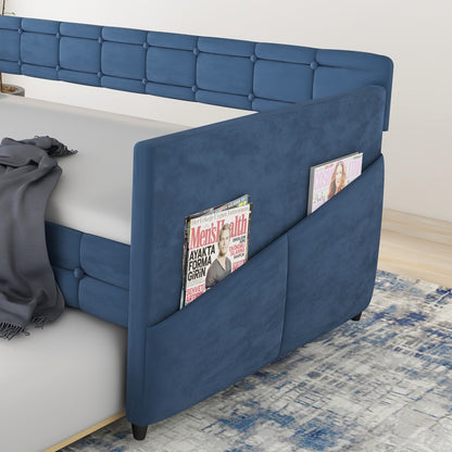 Upholstered Twin Size Daybed With Trundle, Velvet Fabric, No Box Spring Required, Comfortable And Simple Design Models - Blue