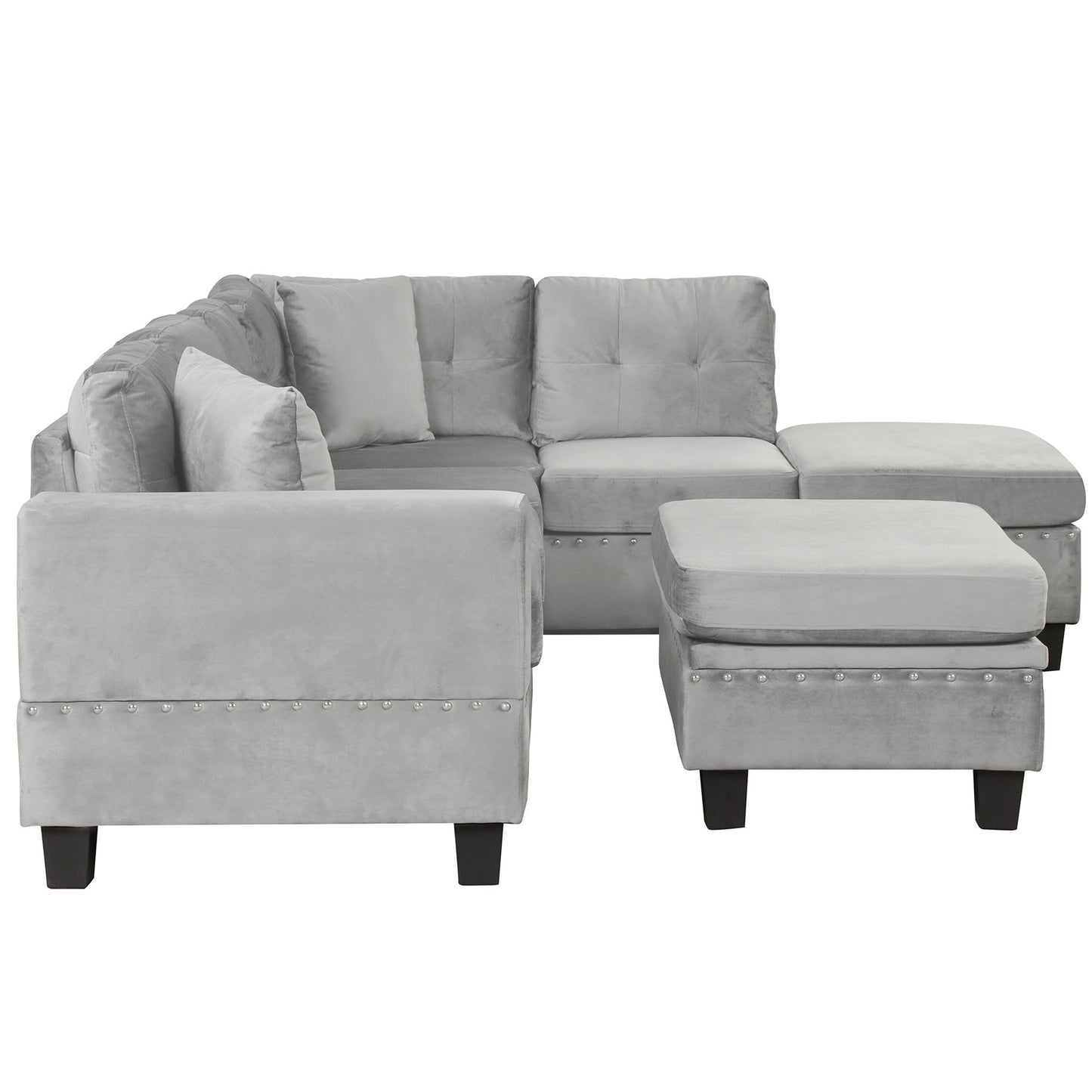 Modern Sectional Sofa With Storage Ottoman, L - Shape Couch With 2 Pillows And Cup Holders - Gray