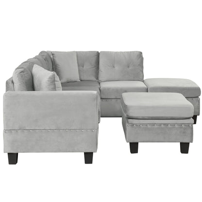 Modern Sectional Sofa With Storage Ottoman, L - Shape Couch With 2 Pillows And Cup Holders - Gray