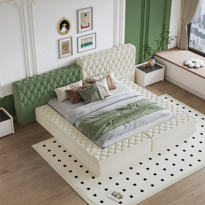 King Modern Upholstered Platform Bed With Storage Space, Sturdy And Stable Solid Wood Frame, Polyester Fabric, Easy To Assemble - Beige