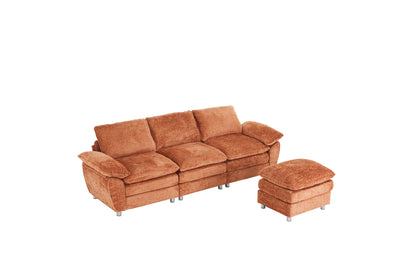Modern Deep 3 Seat Sofa Couch With Ottoman, Polyester Sofa Sleeper Comfy Upholstered Furniture For Living Room - Orange