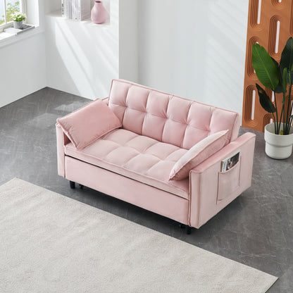 Modern Velvet Sofa, Sofa Pull-Out Bed, Small Love Seat Casual Sofa With Back, With Pillow, Pockets, Living Room Furniture, 3 In 1 Convertible Sleep Sofa Bed - Pink
