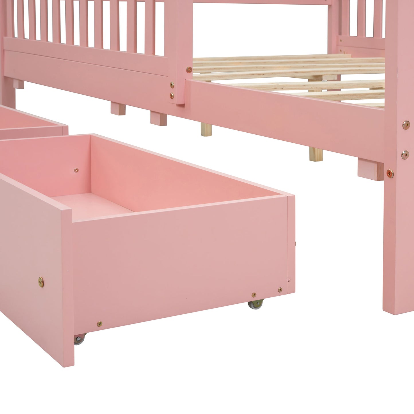 Full Size Platform Bed With Guardrails On Both Sides And 2 Storage Drawers - Pink