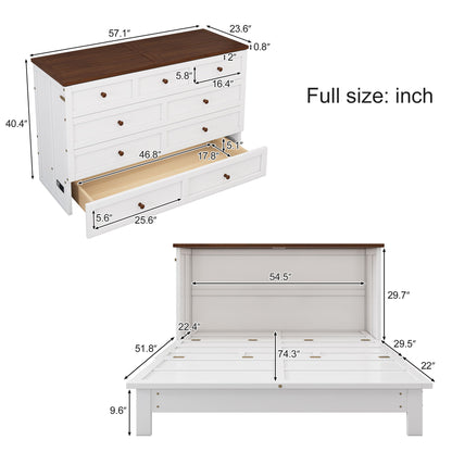 Full Solid Pine Murphy Bed Chest With Charging Station And Large Storage Drawer For Home Office Or Small Room - White / Walnut
