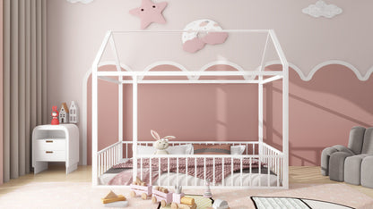 Twin Size Bed House Bed Frame With Fence - White