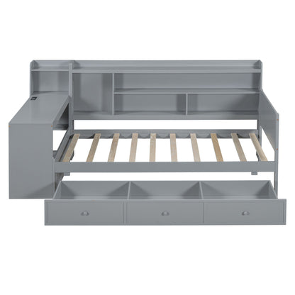 Twin Size Daybed With 3 Drawers USB Ports And Desk - Gray