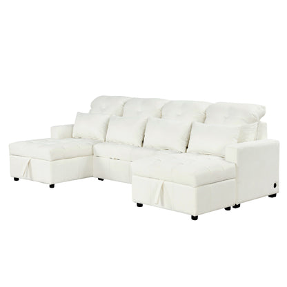 Oversized U - Shaped Sofa Versatile Sectional Sofa Pull Out Sofa Bed With Double Storage Chaise Lounges And 2 USB Ports For Living Room - Beige