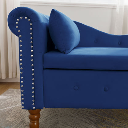 Chaise Lounge Indoor, Velvet Lounge Chair For Bedroom With Storage & Pillow, Modern Upholstered Rolled Arm Chase Lounge For Sleeping With Nailhead Trim For Living Room Bedroom Office - Navy Blue