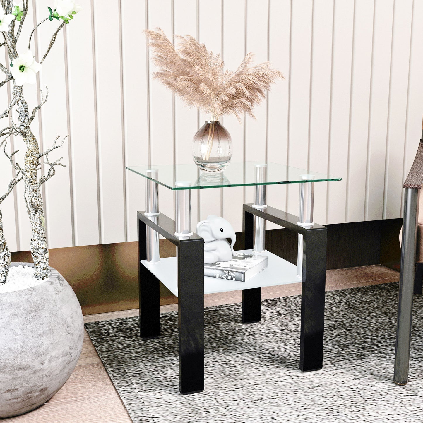 Modern Tempered Glass Tea Table, End Square Table For Living Room - Transparent / Black