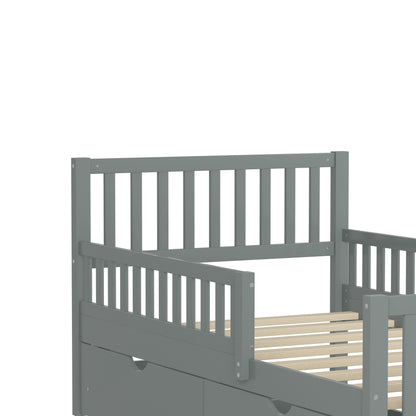 Twin Size Platform Bed With Guardrails On Both Sides And 2 Storage Drawers - Gray