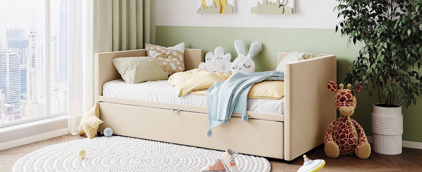Twin Size Upholstered Daybed With Pop Up Trundle - Beige
