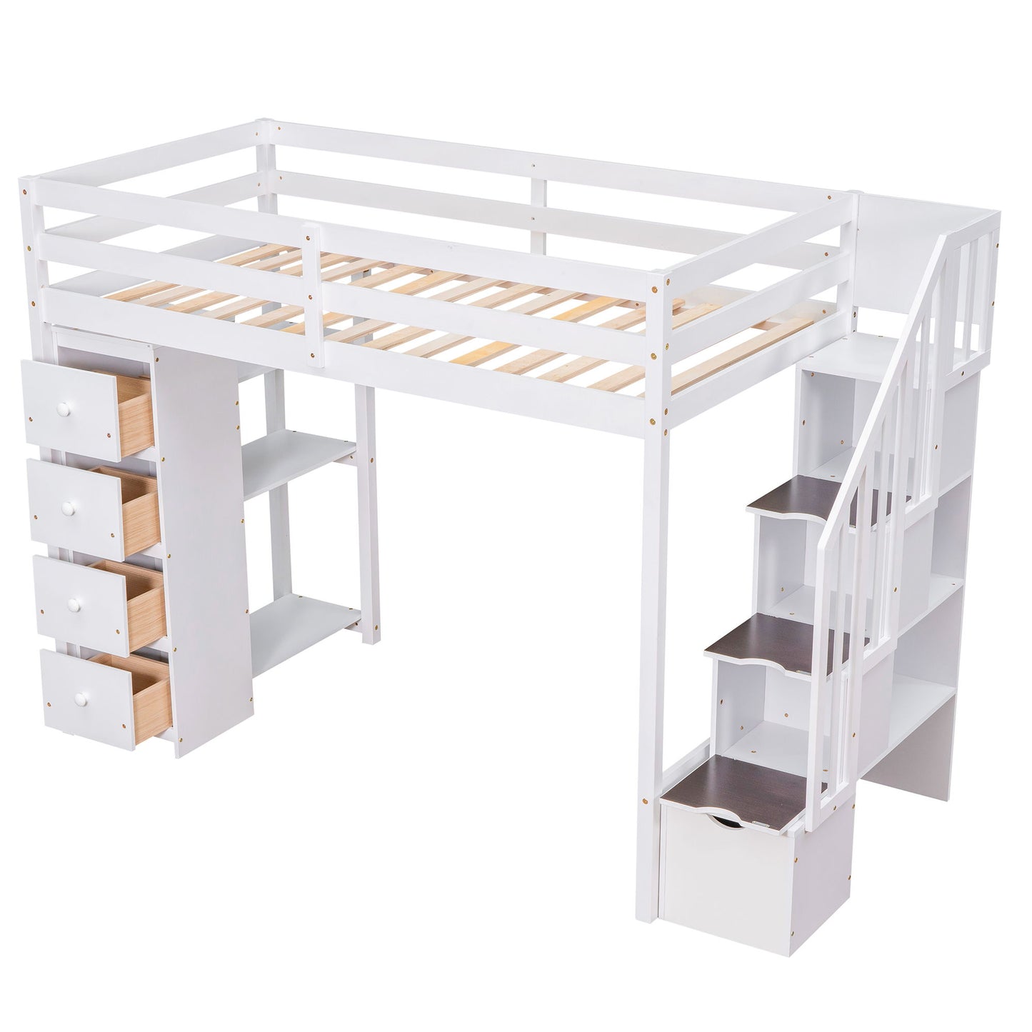Twin Size Loft Bed With Storage Drawers And Stairs With Shelves - White