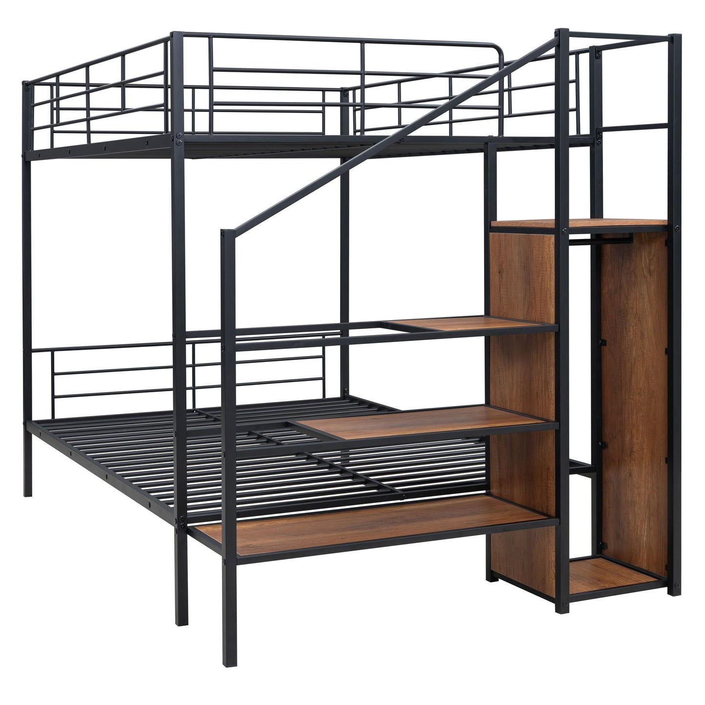 Full Over Full Bunk Bed With Lateral Storage Ladder And Wardrobe - Black