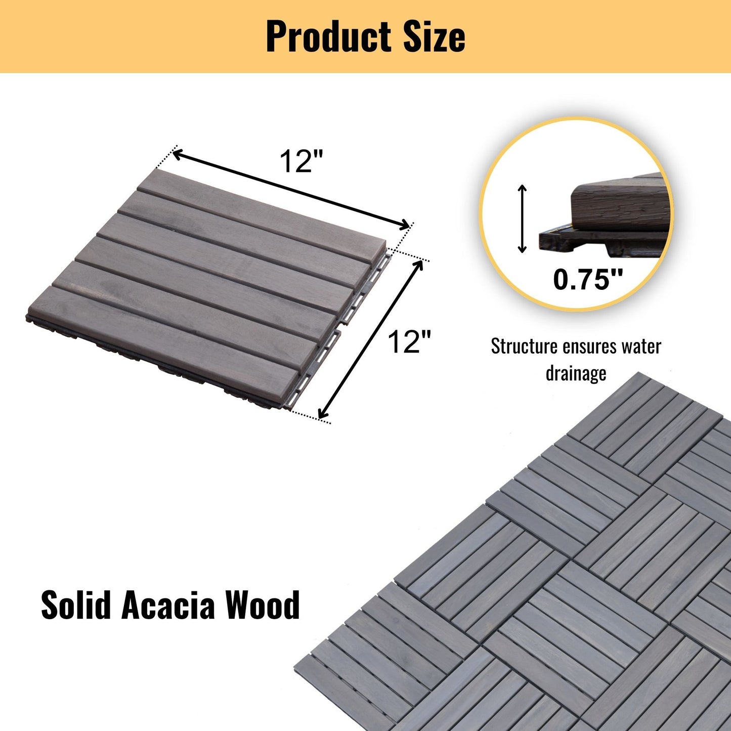 10 Piece Interlocking Deck Tiles Striped Pattern, Square Acacia Hardwood Outdoor Flooring For Patio, Bancony, Pool Side - Light Gray