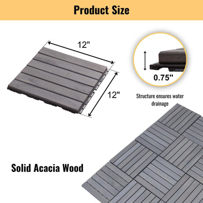 10 Piece Interlocking Deck Tiles Striped Pattern, Square Acacia Hardwood Outdoor Flooring For Patio, Bancony, Pool Side - Light Gray