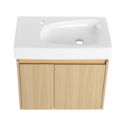 Modern 24" Bathroom Vanity With Ceramic Basin, Wall Mounted Floating Sink Combo, Wooden Storage Cabinet - Oak