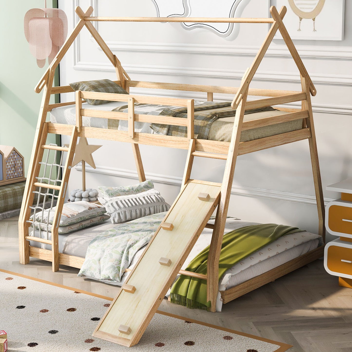 Twin Over Queen House Bunk Bed With Climbing Nets And Climbing Ramp - Natural