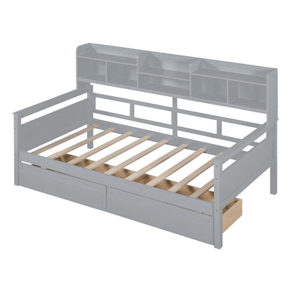 Twin Size Daybed, Slat Support, With Bedside Shelves And 2 Drawers - Gray