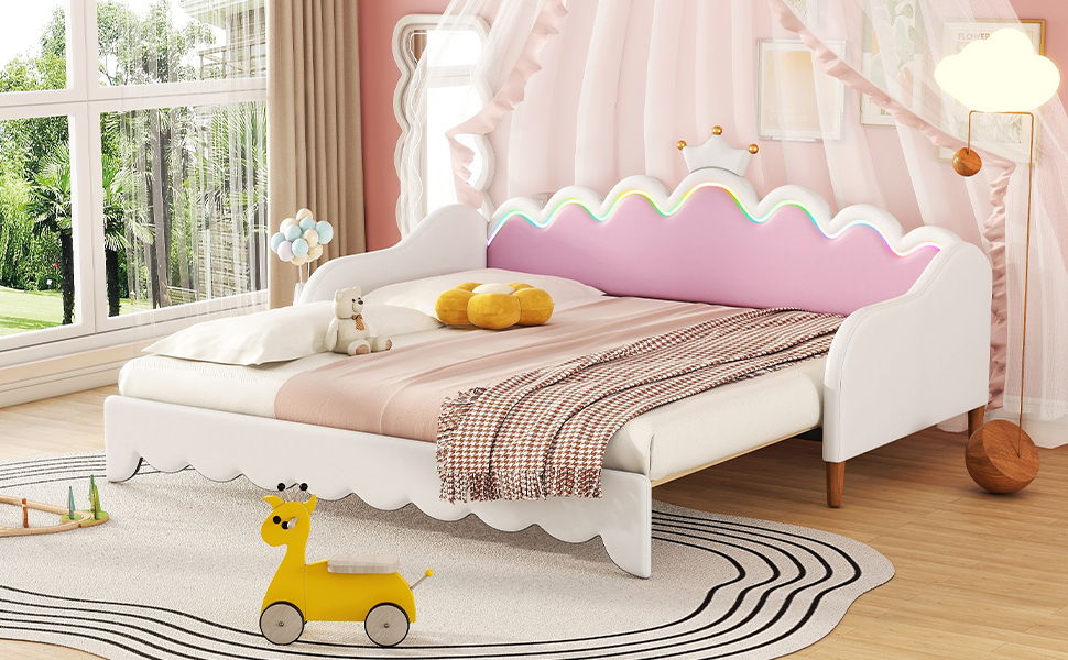 Twin Extending Daybed With LED Lights, Modern Upholstered Princess Daybed With Crown Headboard - White