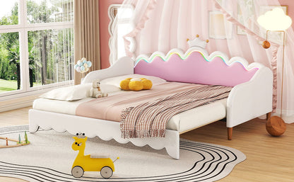 Twin Extending Daybed With LED Lights, Modern Upholstered Princess Daybed With Crown Headboard - White