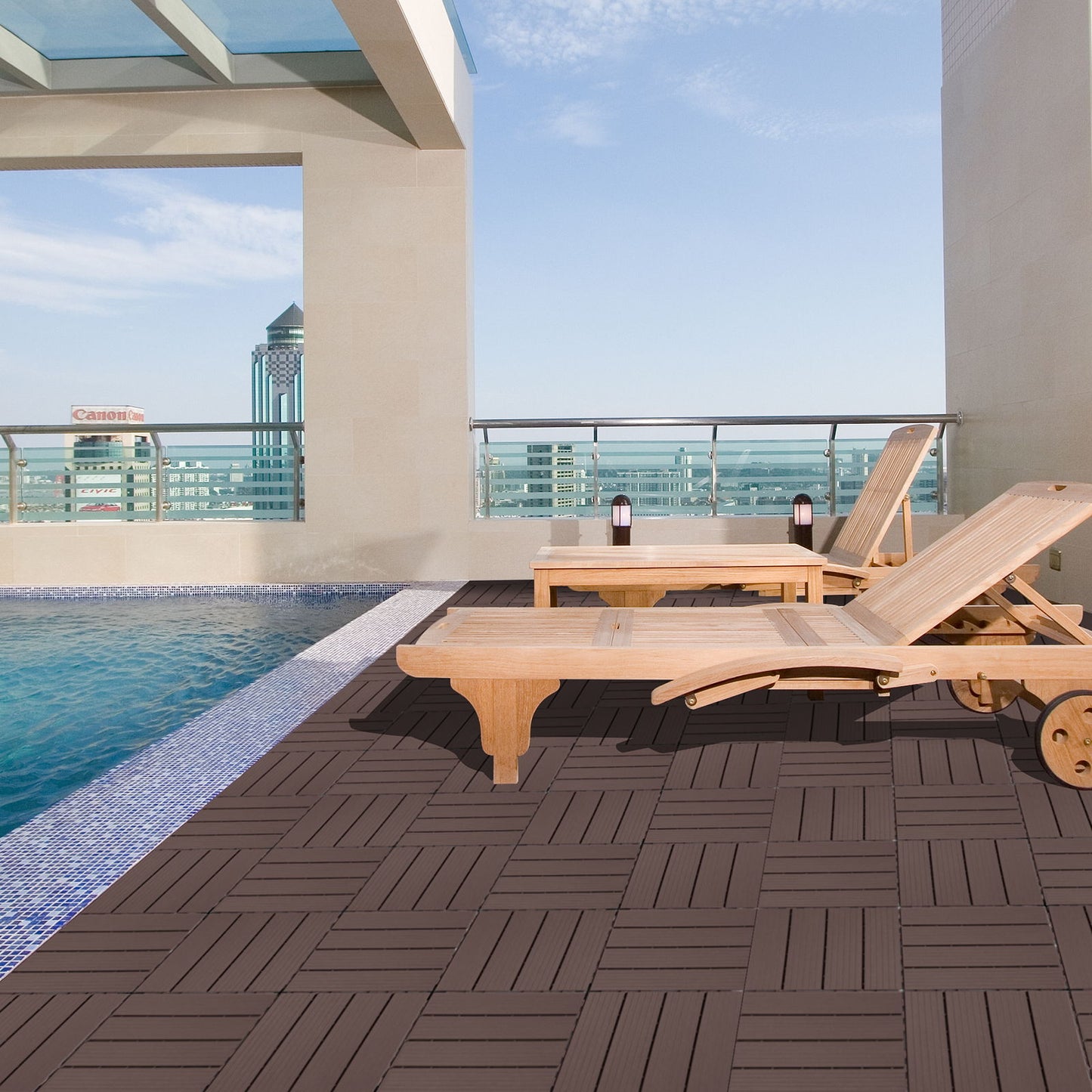 Plastic Interlocking Deck Tiles, (Set of 44), Patio Flooring Outdoor Waterproof All Weather Use For Garden Poolside Front / Back Yard - Light Coffee Color