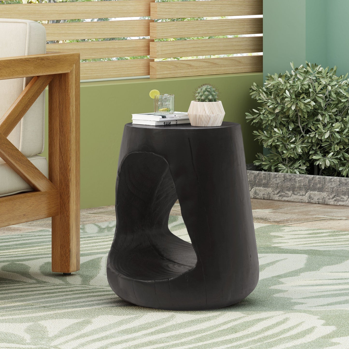 Mgo Hollow Side Table With Wood Like Texture, Durable And Weather Resistant - Black