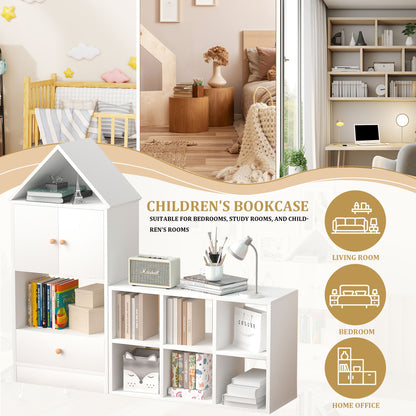 Versatile Kids Bookshelf With House-Shaped Design Multifunctional Storage, Durable - White