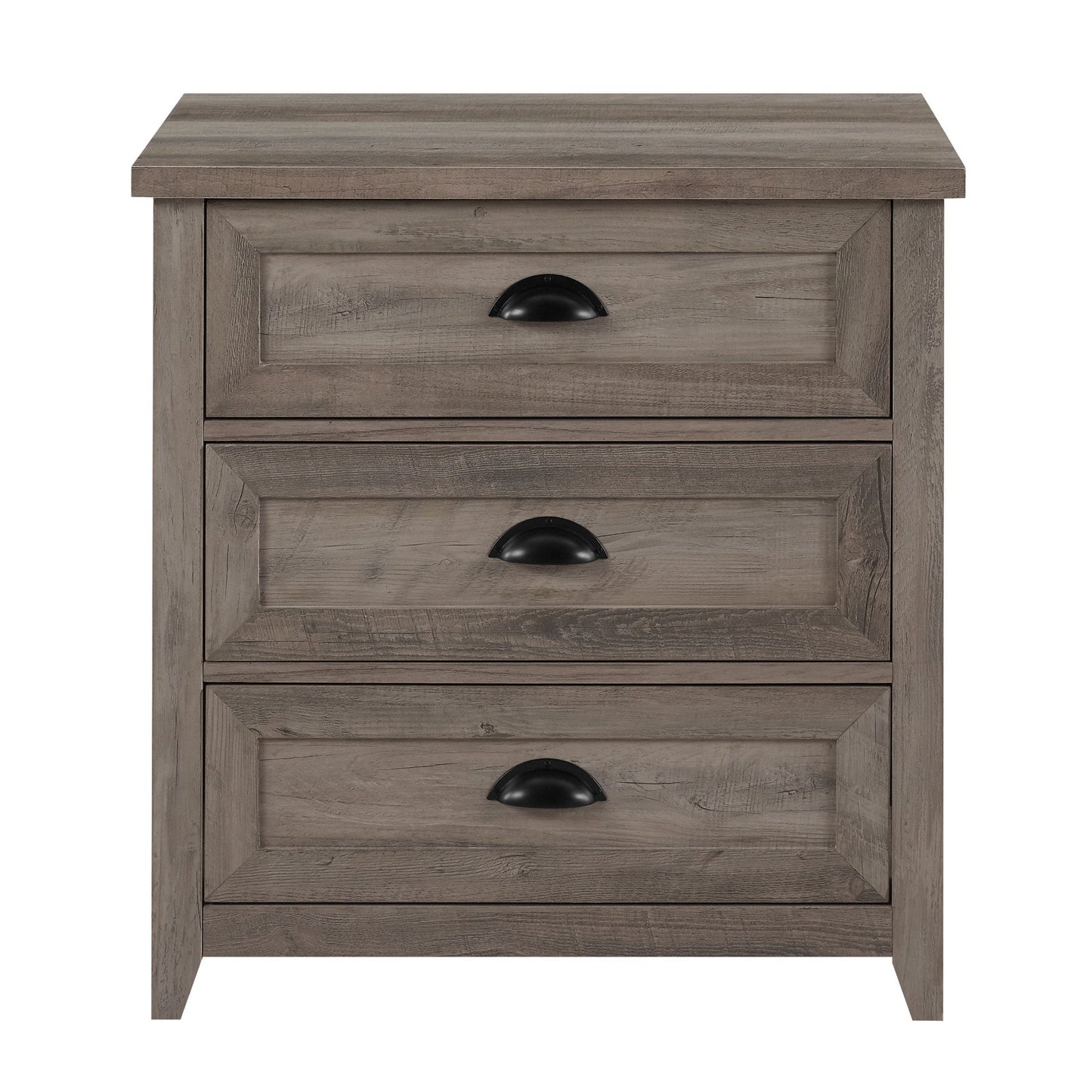 Transitional Farmhouse Framed 3 Drawer Nightstand With Cup Handles - Gray Wash
