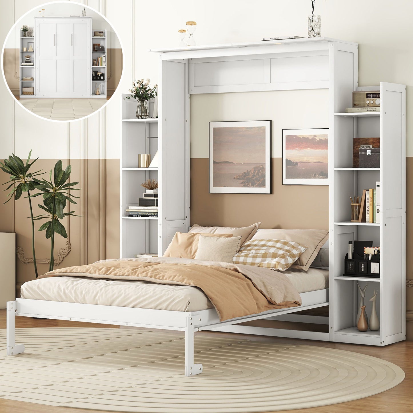 Full Size Murphy Wall Bed With Shelves And LED Lights - White