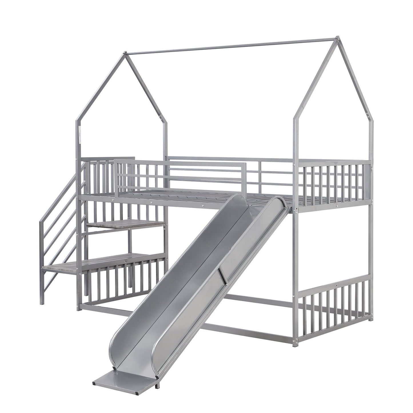 Twin Over Twin Metal Bunk Bed House Bed With Slide And Staircase - Silver